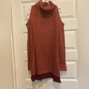 Easel Terracotta Cold Shoulder Turtleneck Sweater